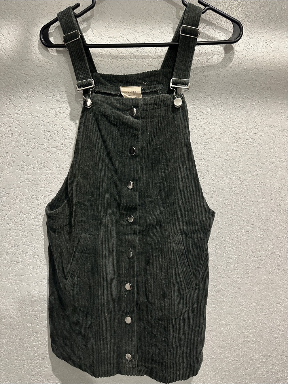 Dark Green Corduroy Button-Front Overall Dress